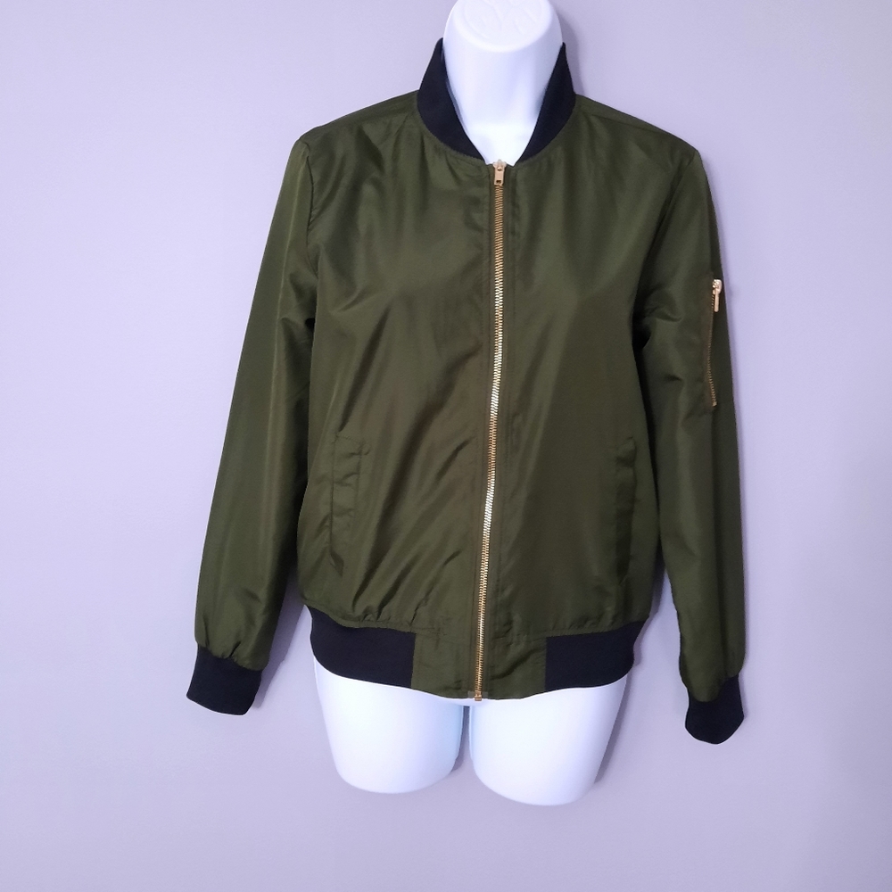 Inso Collection Olive Green and Black Zip Up Windbreaker Bomber Jacket Small